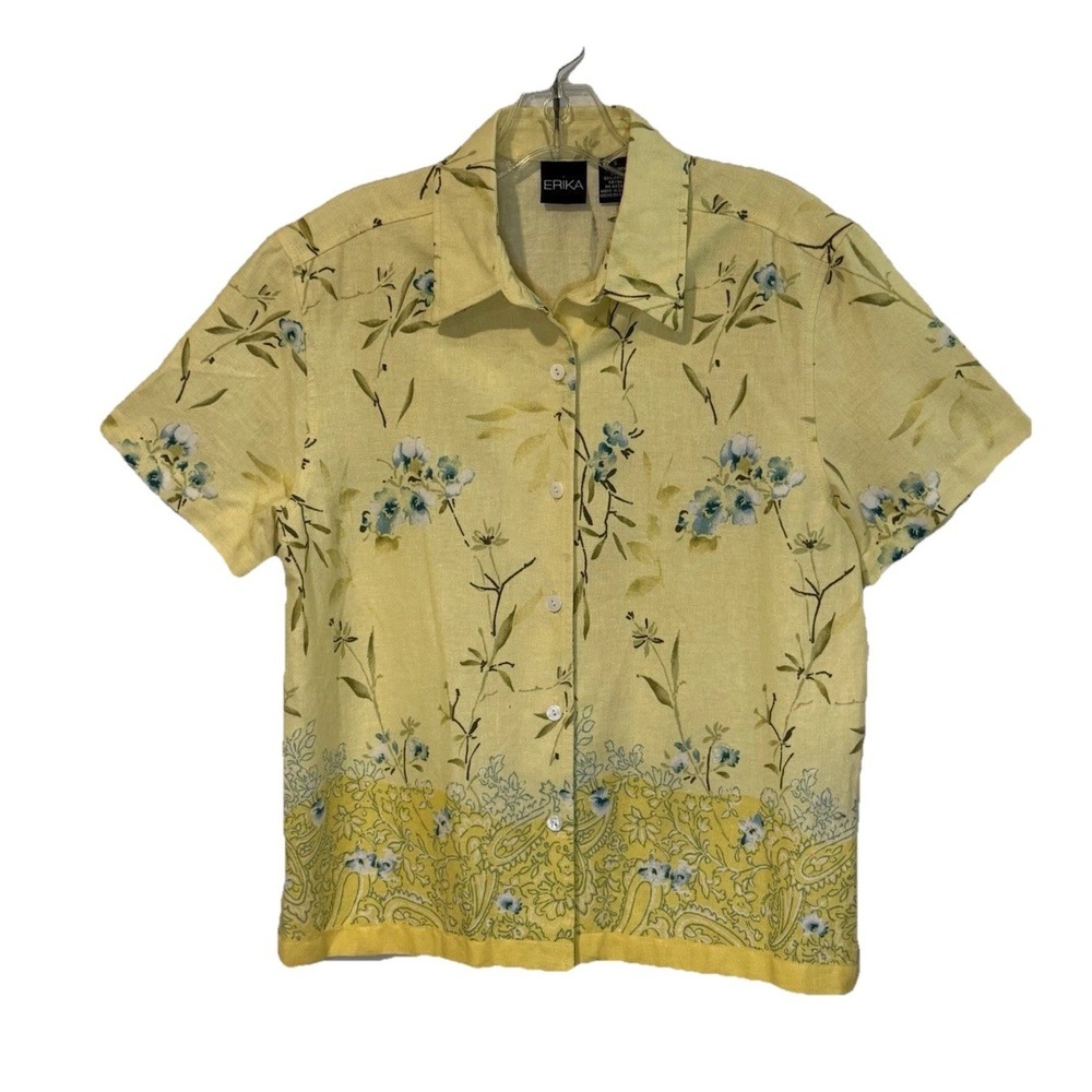 VTG Erika Linen Blend Yellow Floral Short Sleeve Button-up Blouse Top Shirt SM